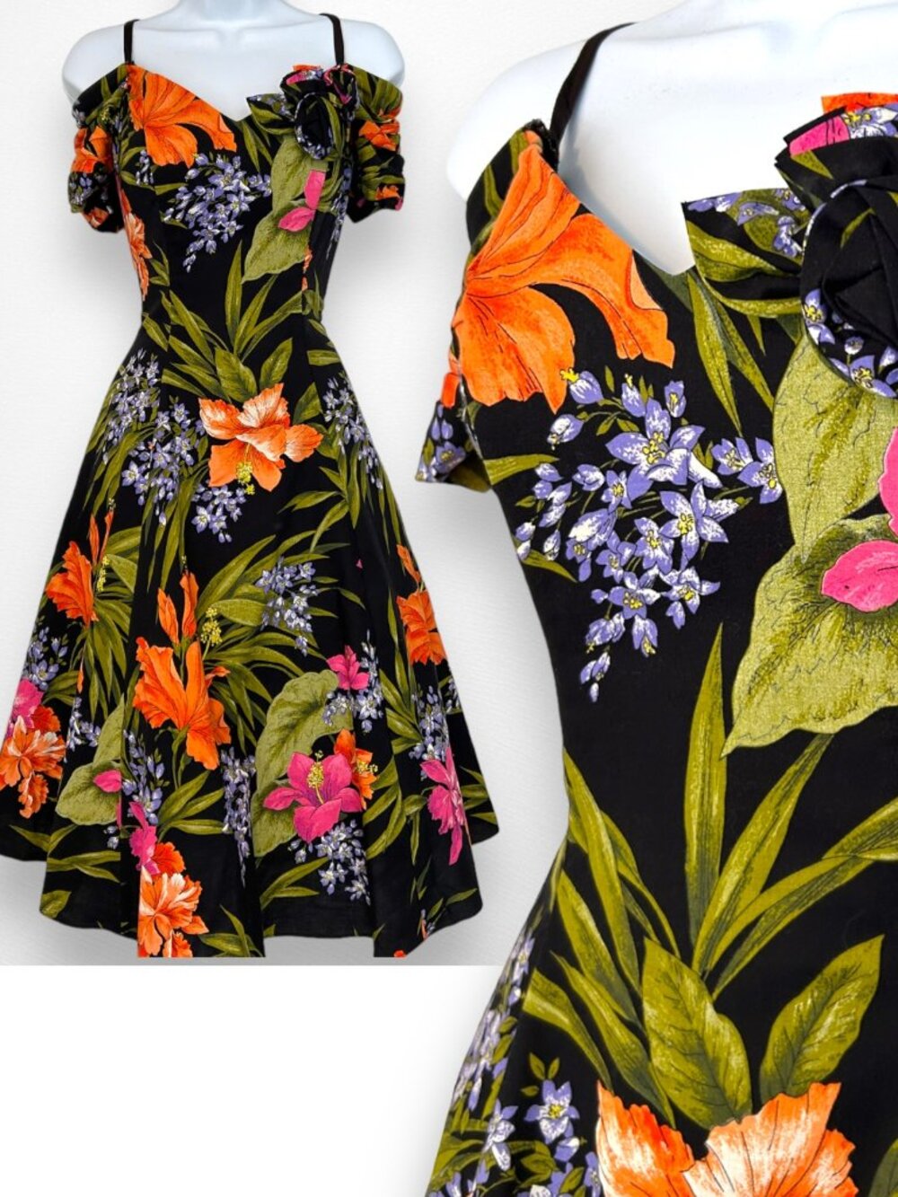 Vintage 1980s Karen Lucas for Niki Off Shoulder Tropical Party Dress ~ Size 4